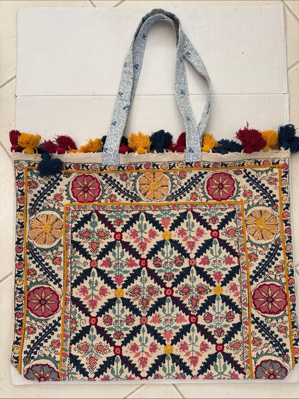 OOAK Rug Tote 25.5” x 21” Long Handles Tassels Boho Chic